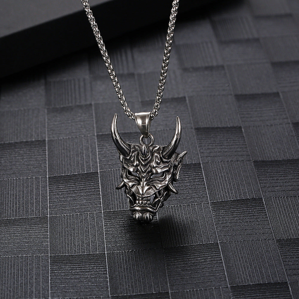 Wholesale ghost samurai mask necklace retro hip-hop style Golden Horn prajna pendant stainless steel men's sweater chain